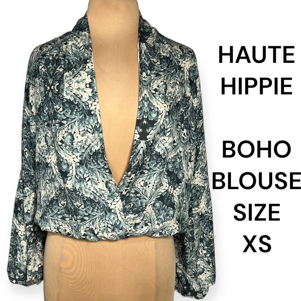 Haute Hippie Silk Faux Wrap Blouse Tapestry Floral Blouson V-Neck Top XS NWT - Picture 3 of 9